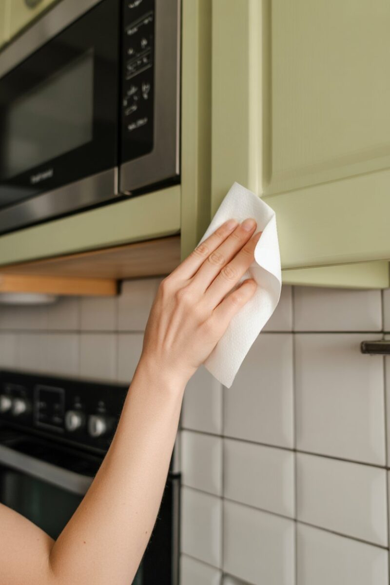 A person cleaning a kitchen cupboard with an alcohol wipe.