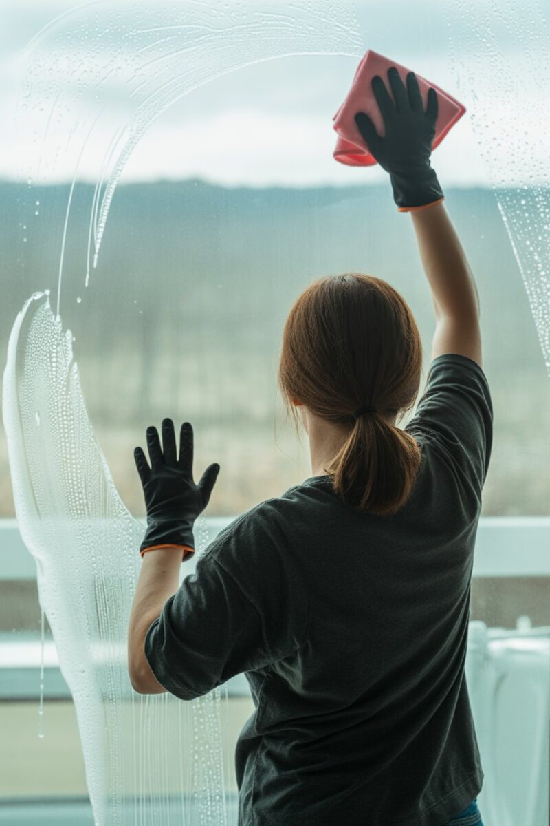 A person cleaning a window with a cloth, showing water spots on the glass.