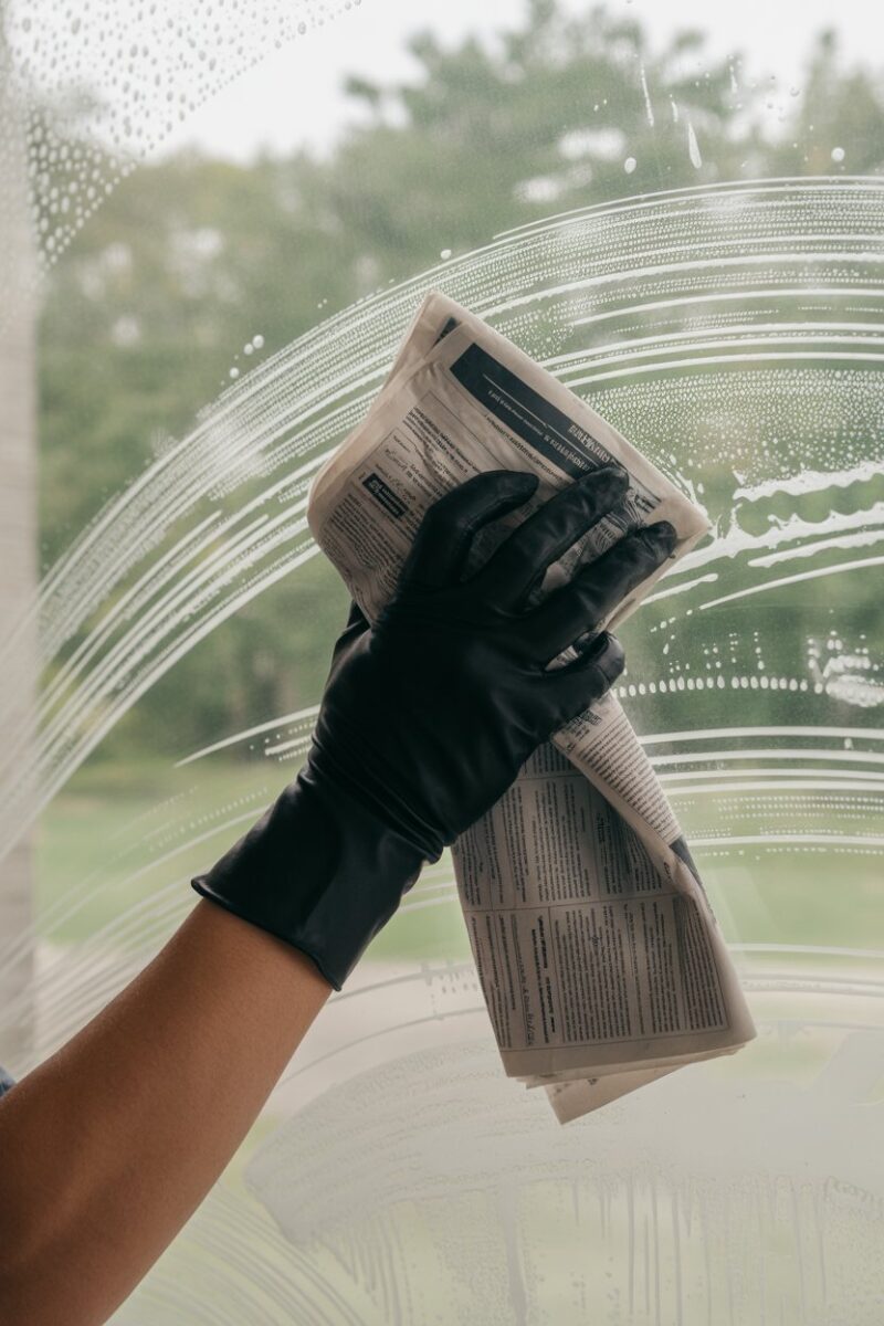 A person cleaning a window with crumpled newspaper.