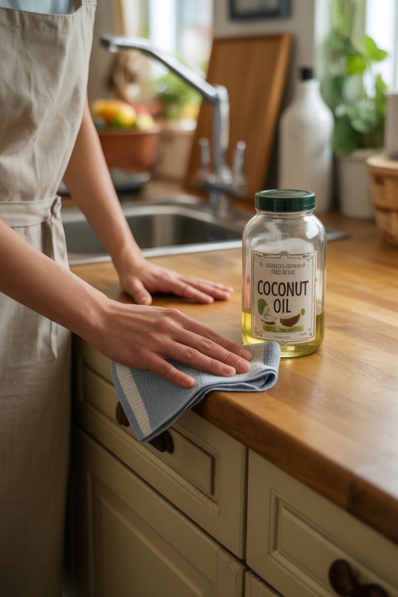 A person cleaning a kitchen cupboard with coconut oil.