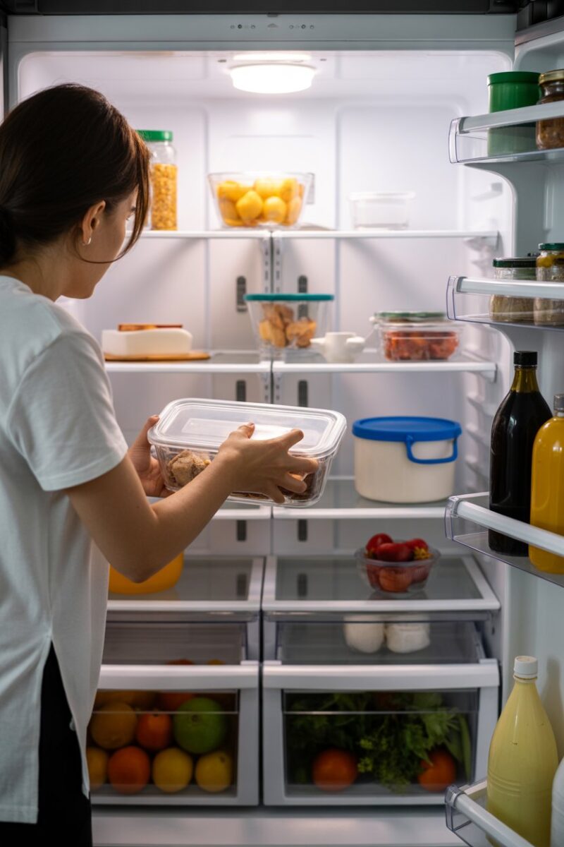 A person cleaning out a refrigerator, organizing food and containers.