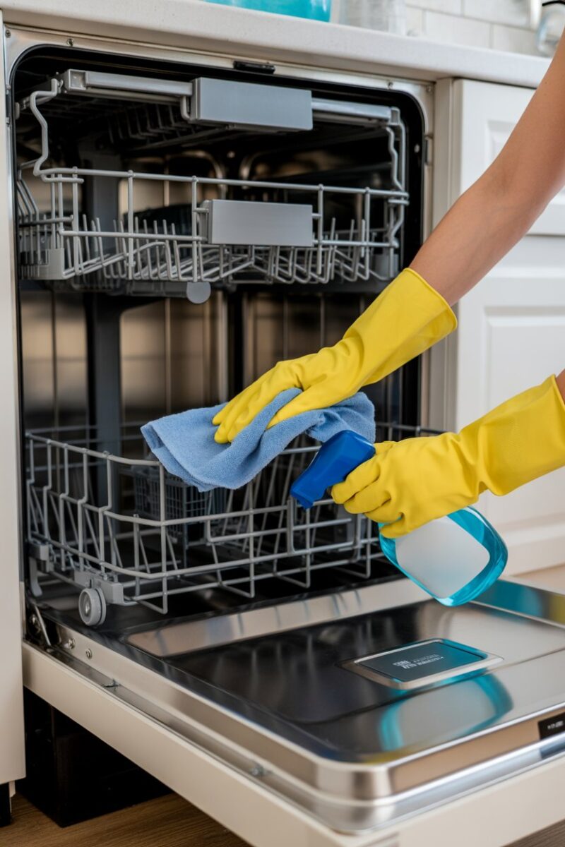 A person cleaning the interior of a dishwasher with a blue cloth while wearing yellow gloves.
