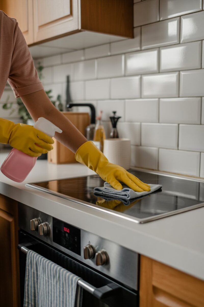 A person cleaning the stove in a modern kitchen.