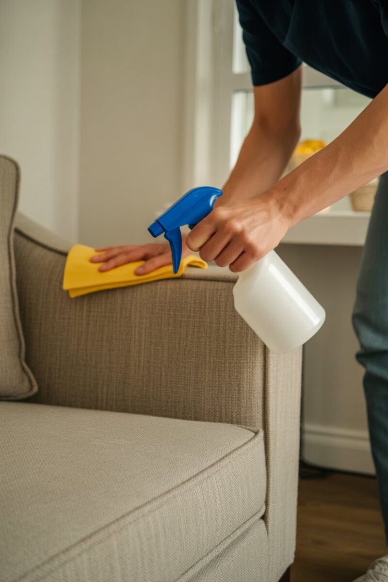 A person cleaning upholstered furniture with a spray bottle and cloth.