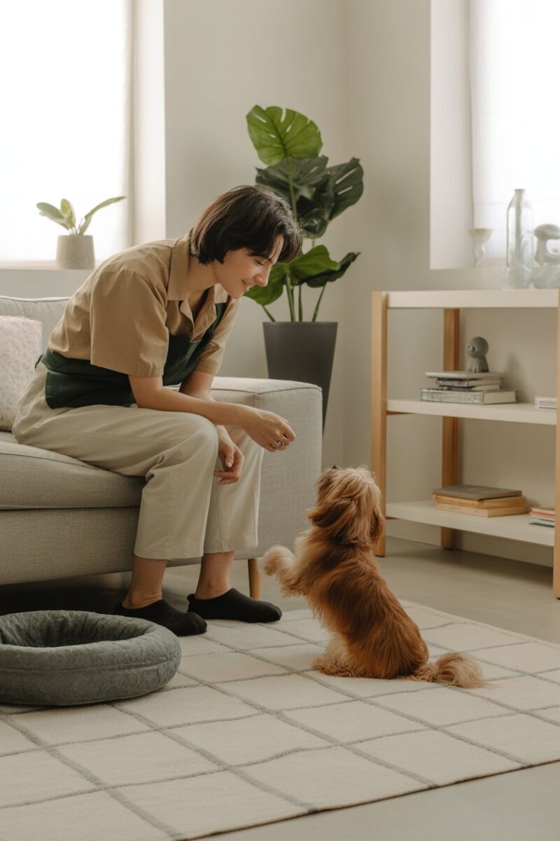 A person interacting with a small dog in a clean living space with a pet bed and toys.