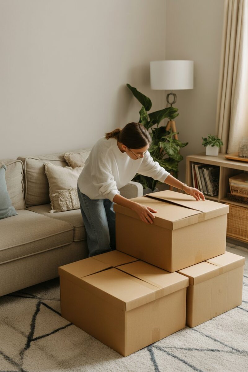 A person organizing boxes in a living room, preparing to declutter.