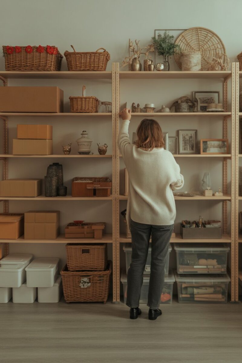 A person organizing seasonal decorations in a storage area.