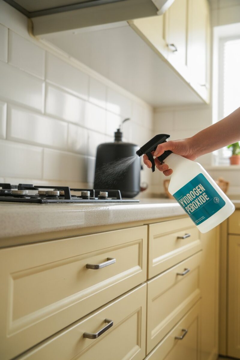 A person using hydrogen peroxide spray on greasy kitchen cupboards.