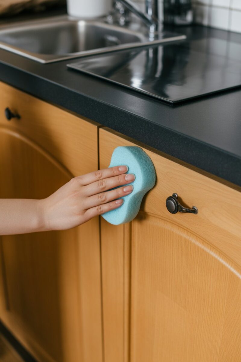 A person using a blue sponge to clean a wooden kitchen cupboard.