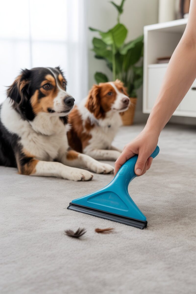 A person using a squeegee to remove pet hair from a carpet with two dogs nearby.
