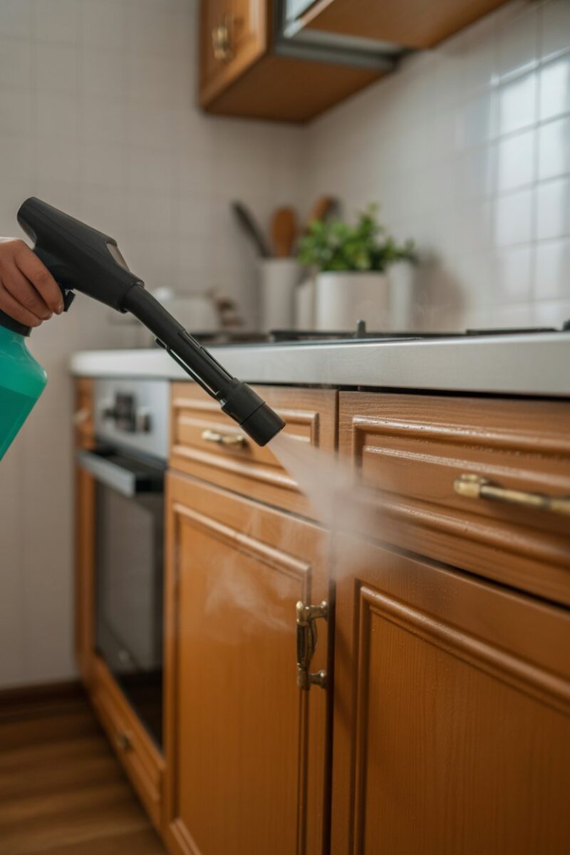 A person using a steam cleaner on greasy kitchen cupboards.