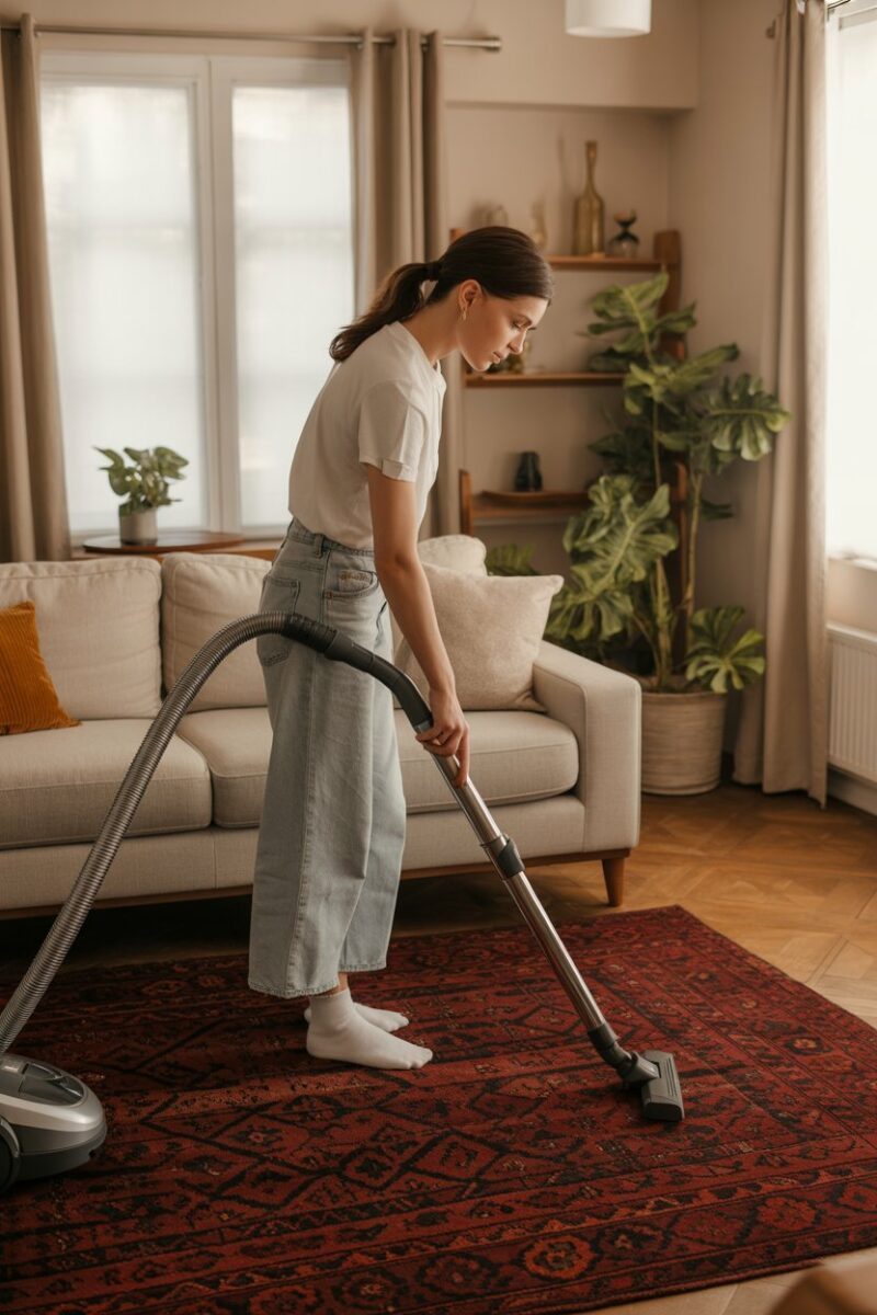 A person vacuuming a red patterned rug in a cozy living room.