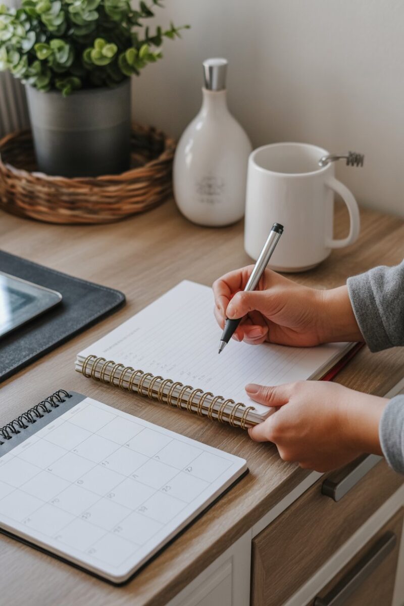 A person writing in a notebook while looking at a calendar, planning a cleaning schedule.