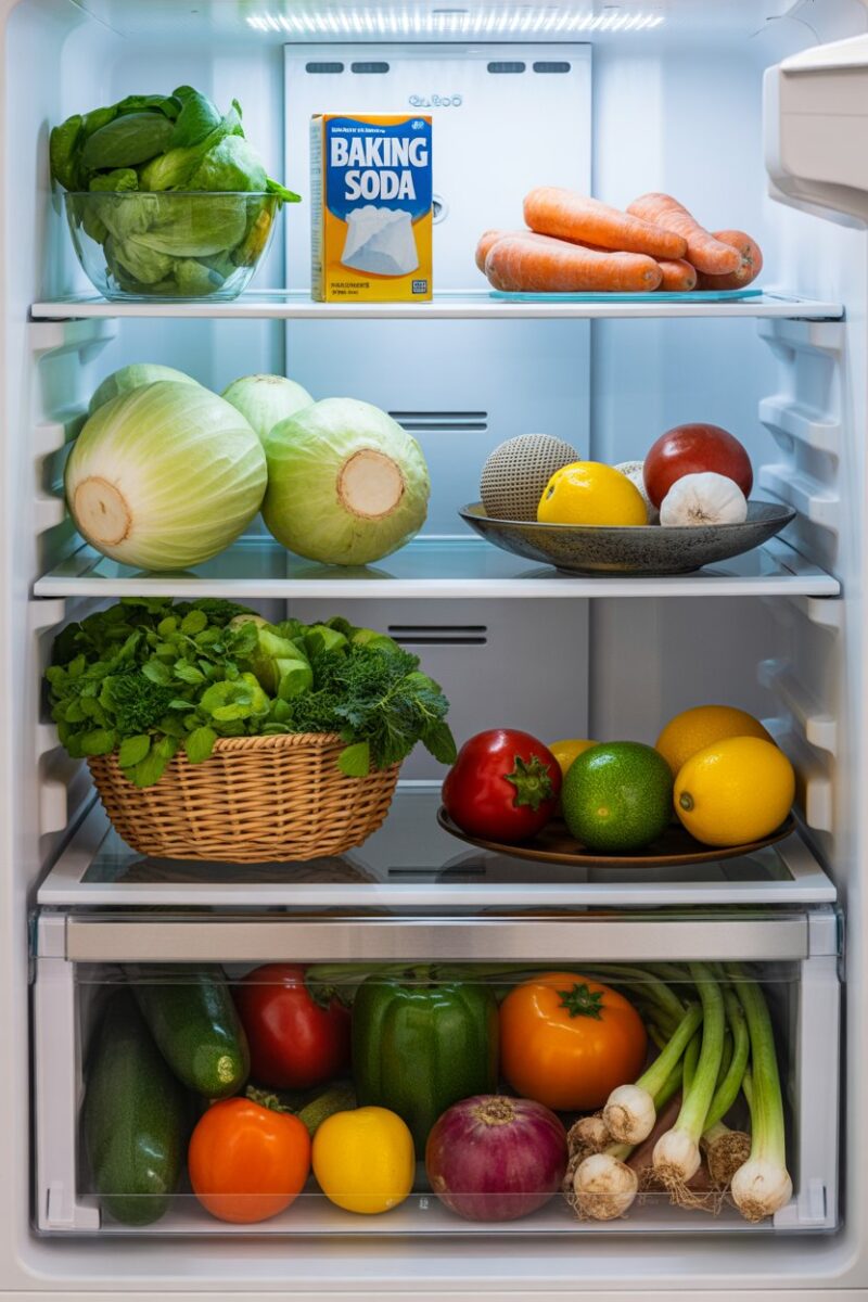 A refrigerator filled with fresh vegetables and a box of baking soda.