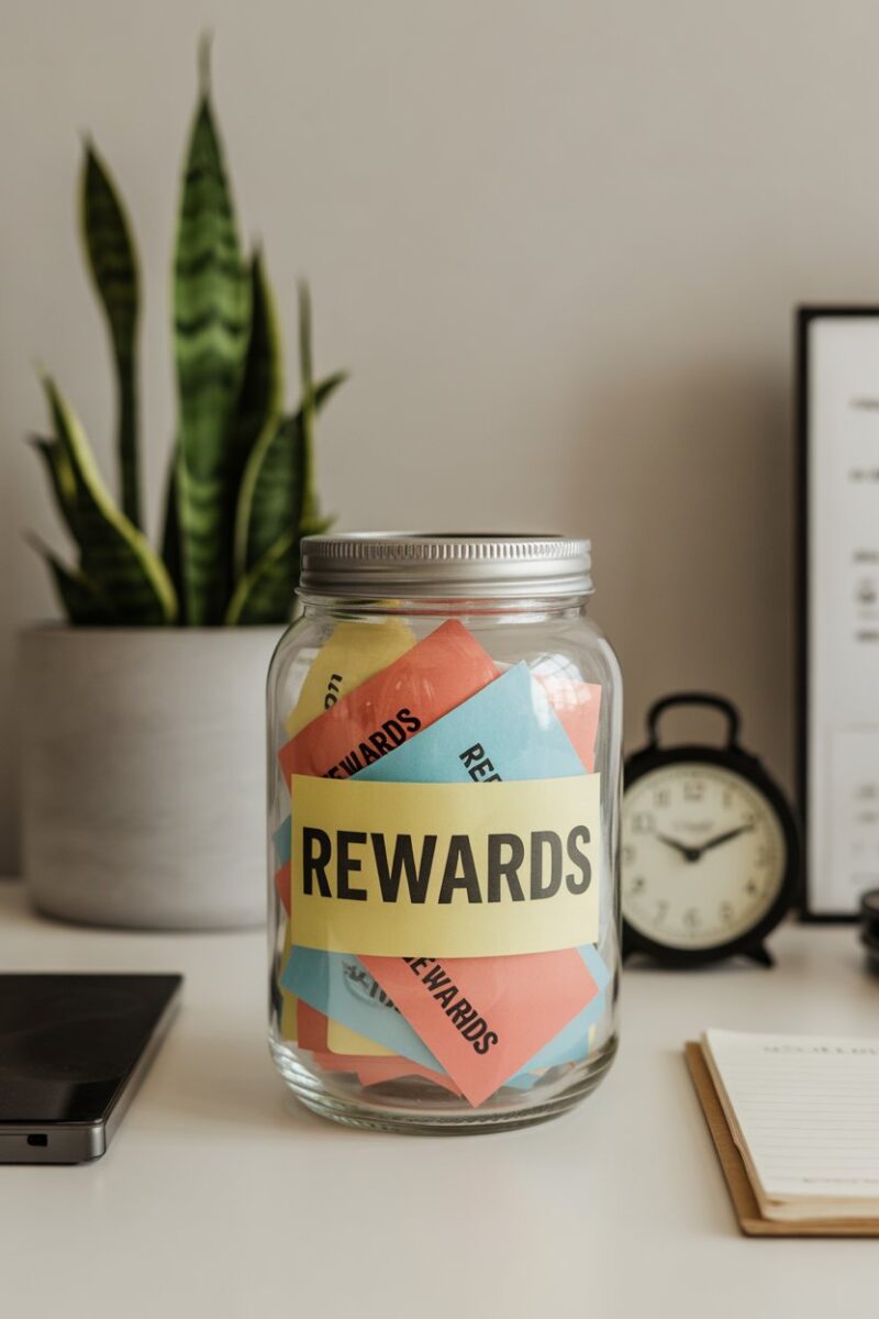 A reward jar filled with colorful slips labeled 'Rewards', placed on a desk with a plant and clock in the background.