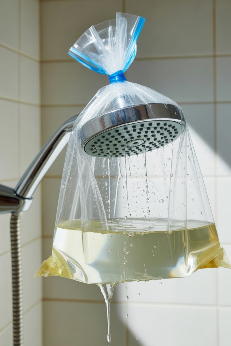 A showerhead soaking in a bag of vinegar with water droplets around it.