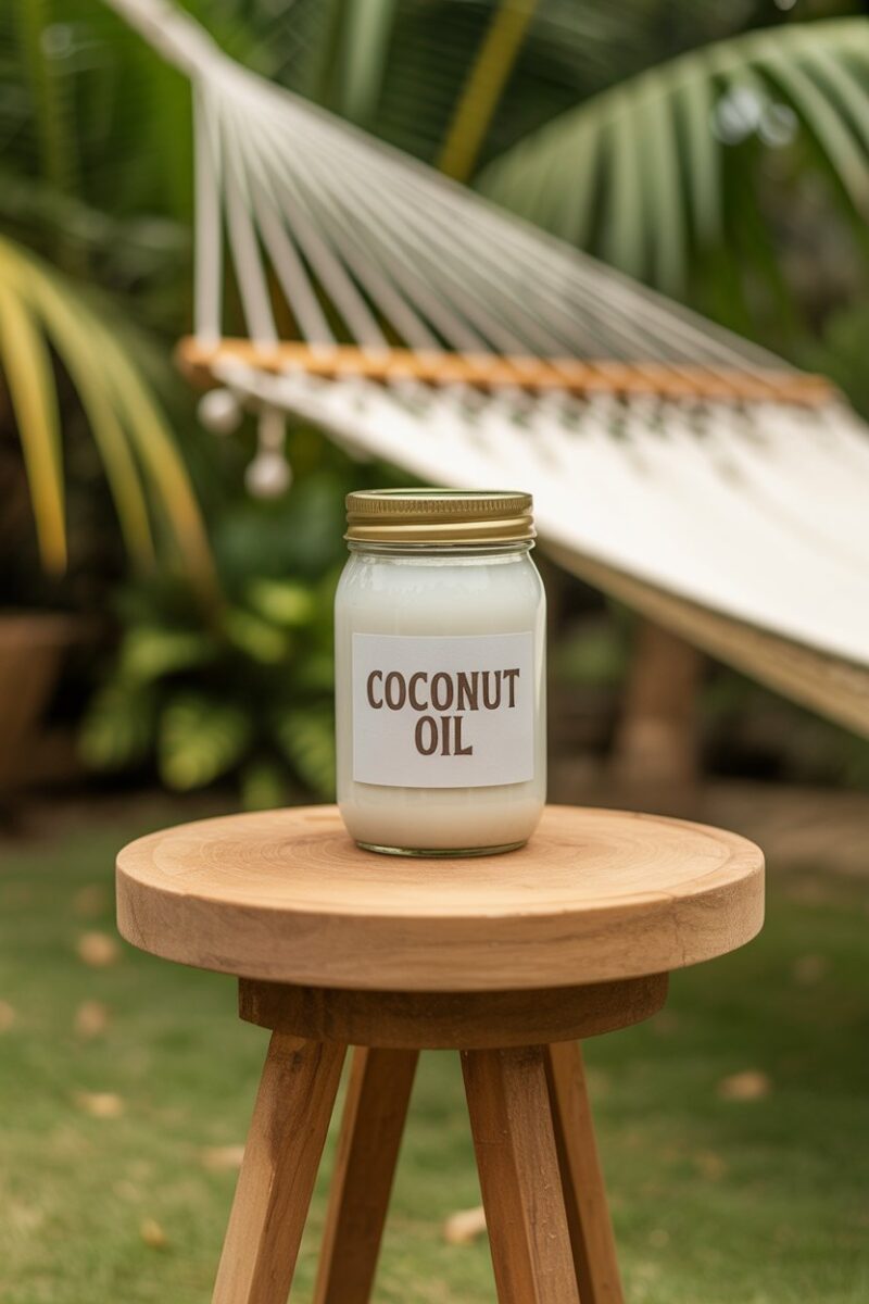 A jar of coconut oil on a wooden stand with tropical plants and a hammock in the background.