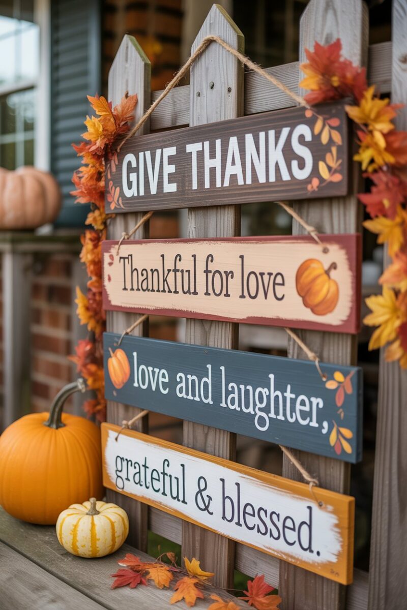 A collection of hand-painted Thanksgiving signs with various messages.