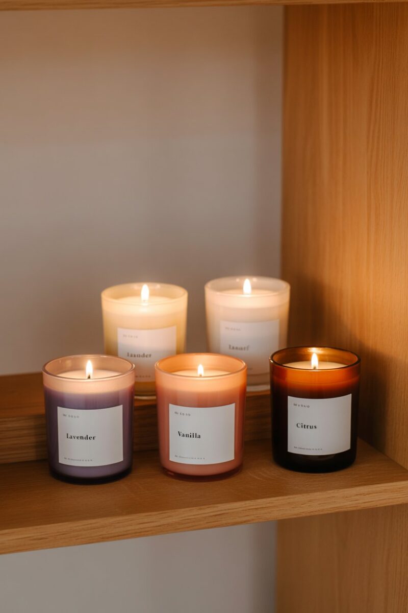 A collection of scented candles on a wooden shelf, showcasing various colors and sizes.