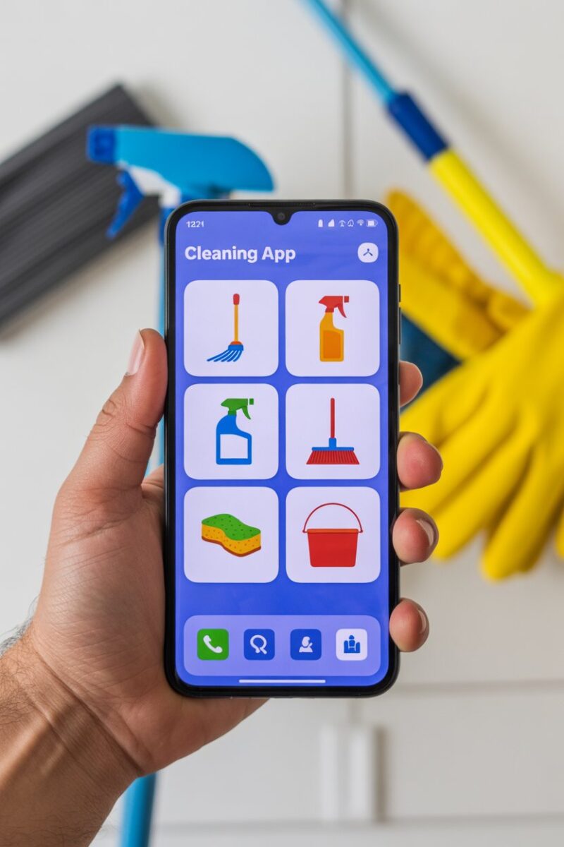 A smartphone displaying a colorful cleaning app interface with various cleaning tools.