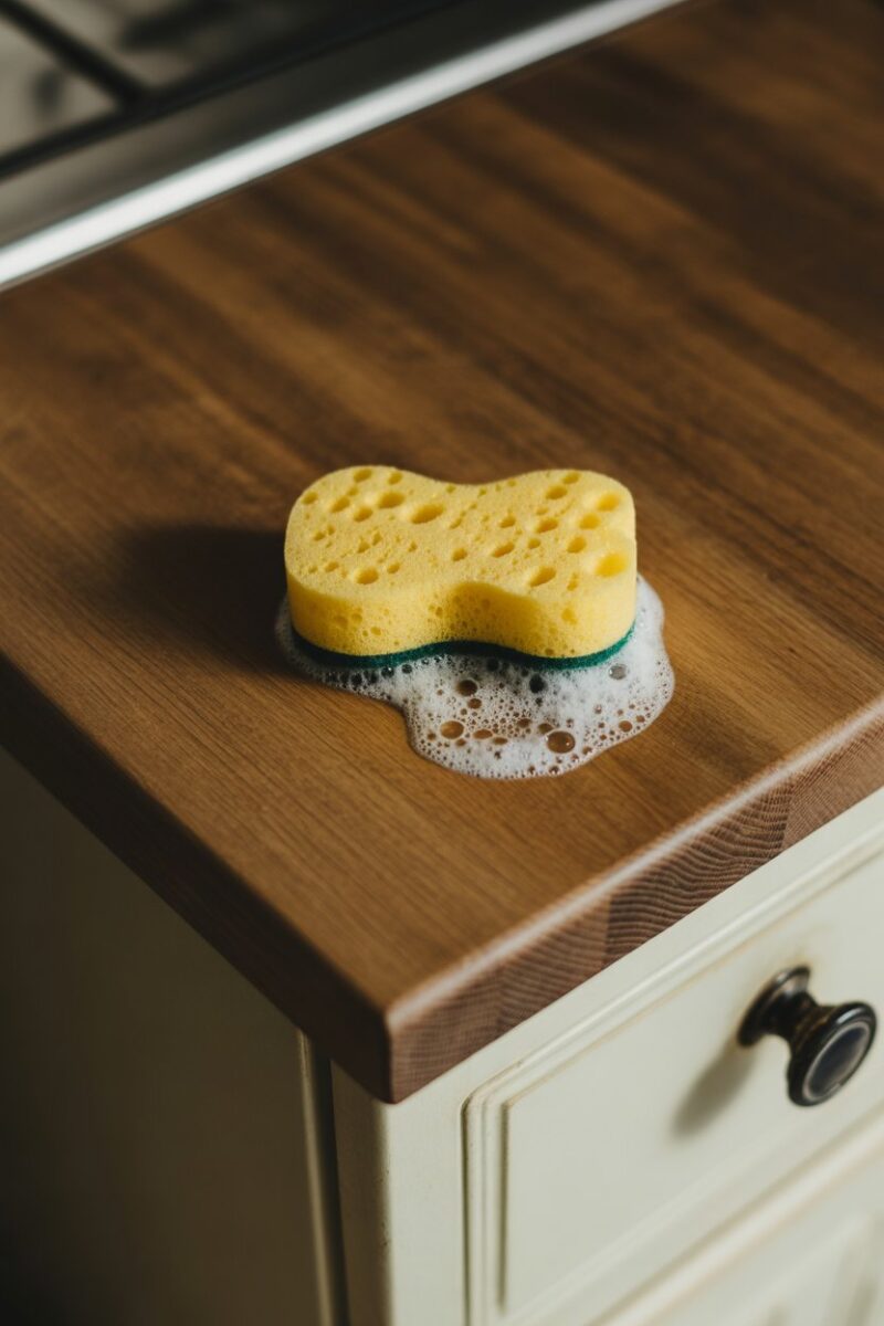 A sponge with soap bubbles on a wooden kitchen cupboard surface.