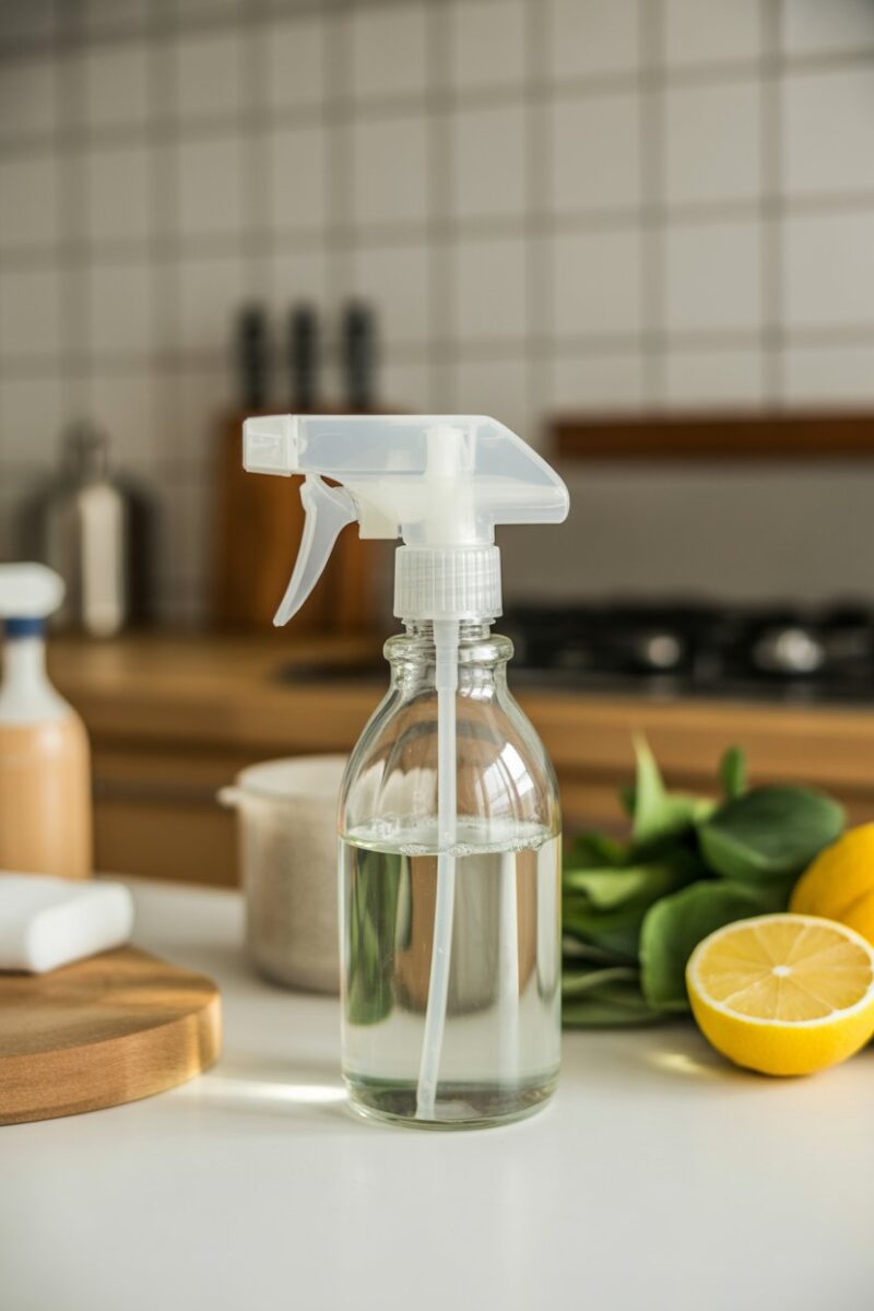 A spray bottle filled with homemade cleaner on a kitchen counter with various ingredients.