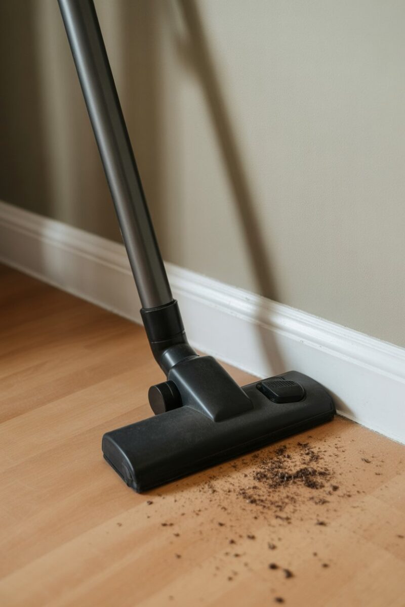 A vacuum cleaner with an attachment in the corner of a room, cleaning dust and debris.
