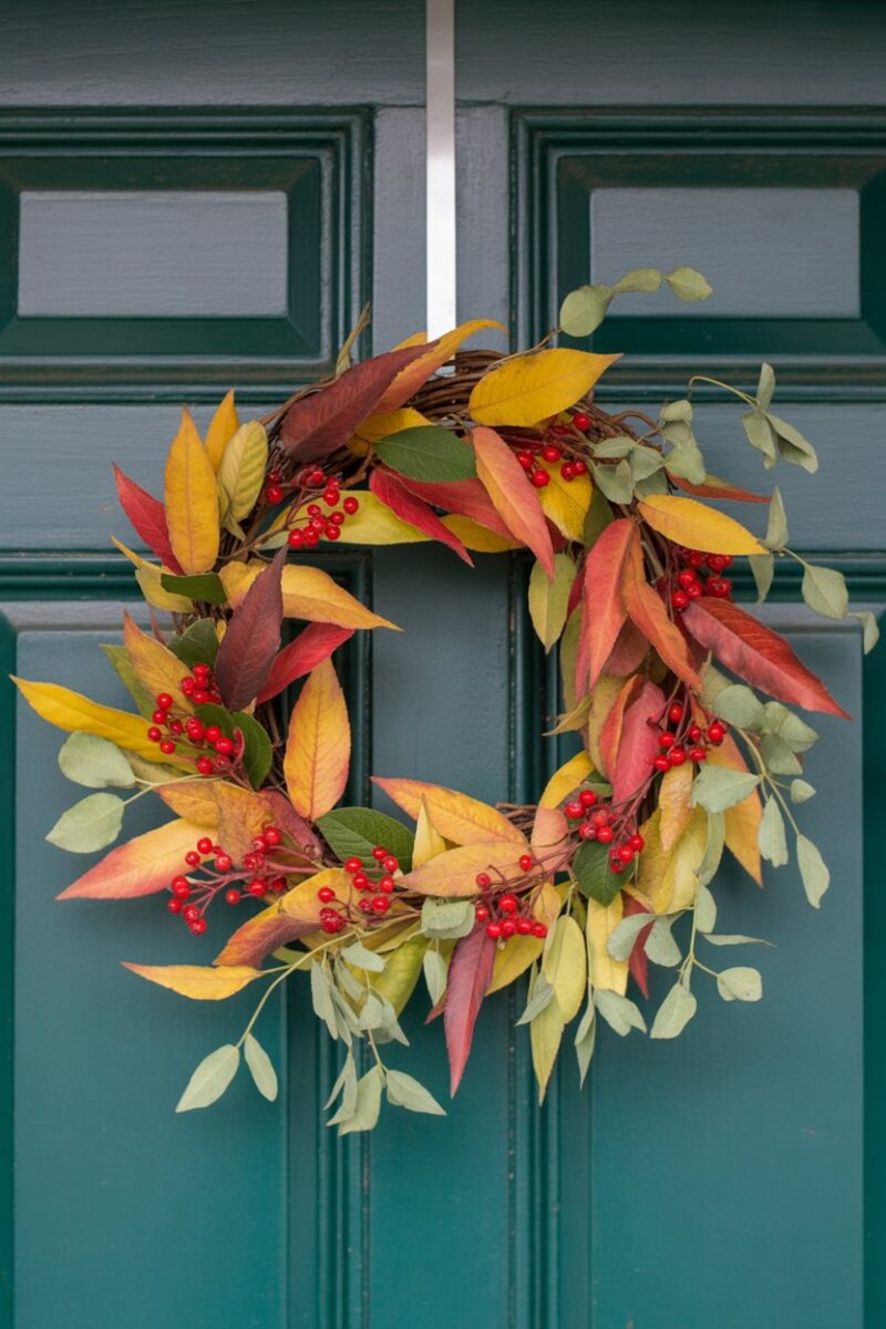 A vibrant fall wreath made of leaves and berries hanging on a door.