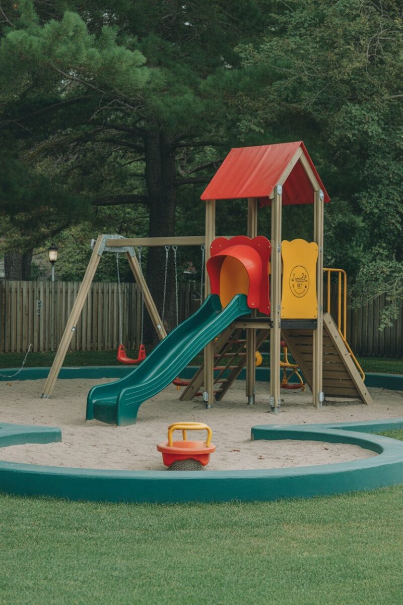 A vibrant play area featuring slides, swings, and a sandbox, designed for children.