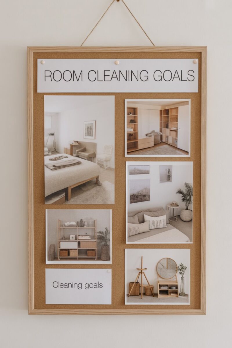 A vision board displaying room cleaning goals with images of organized spaces and cleaning tools.