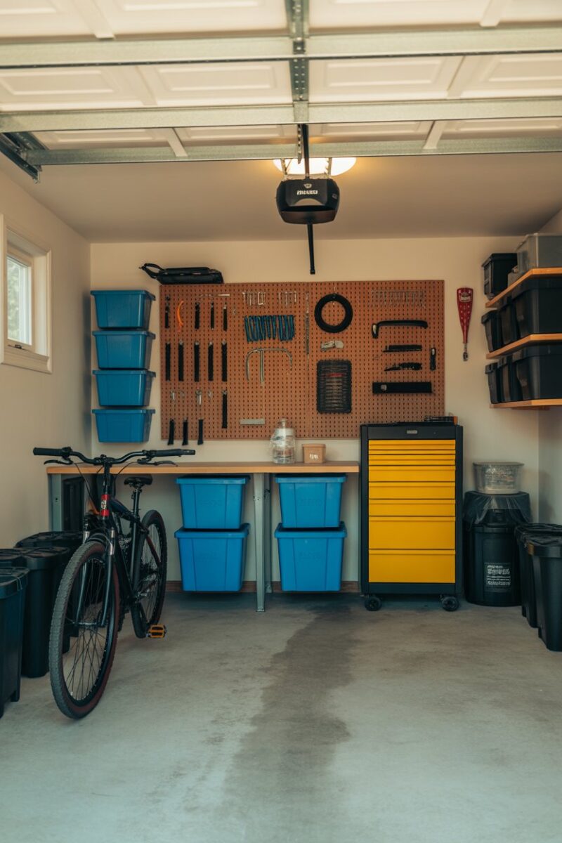 A well-organized garage with tools, bins, and a bike hanging.