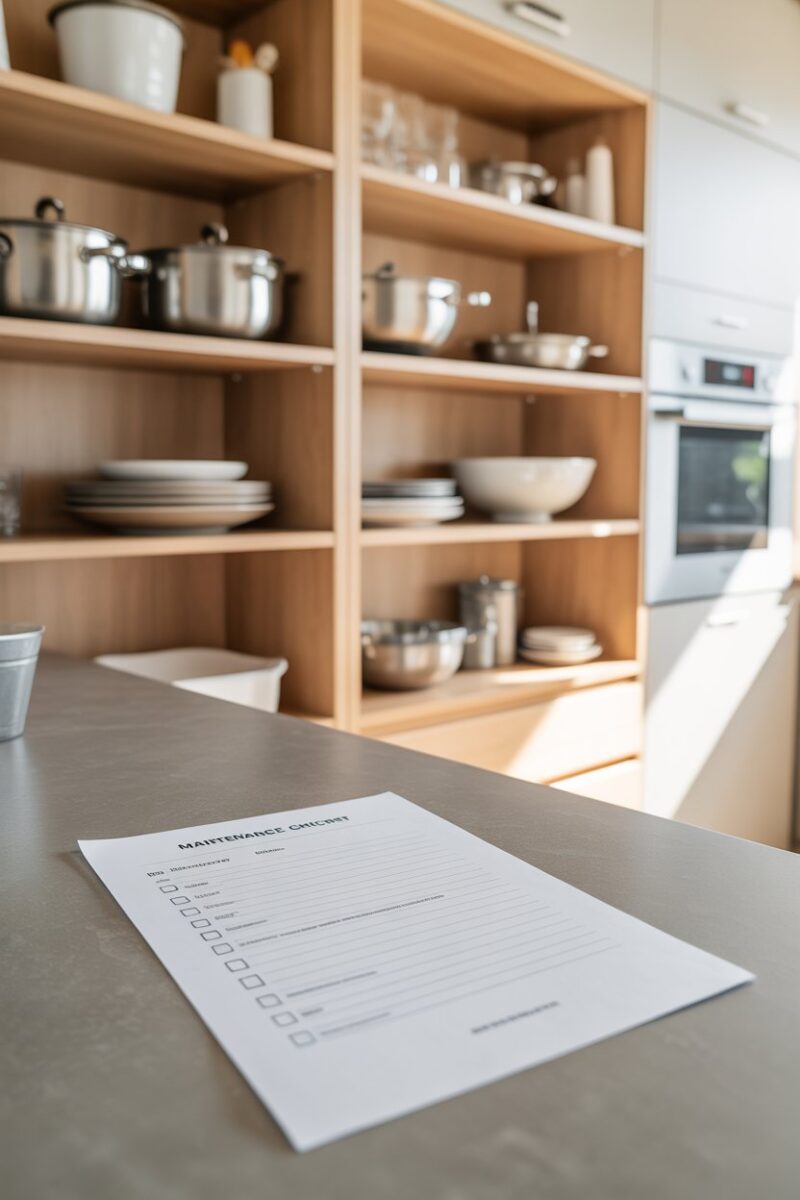 A well-organized kitchen cupboard with pots, plates, and a checklist for maintenance.