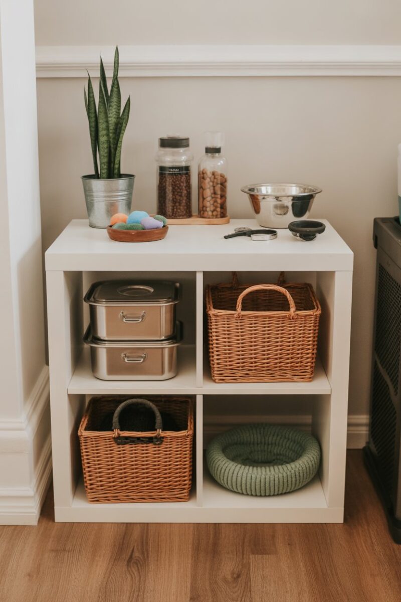A well-organized pet care station with food containers, toys, and grooming tools.