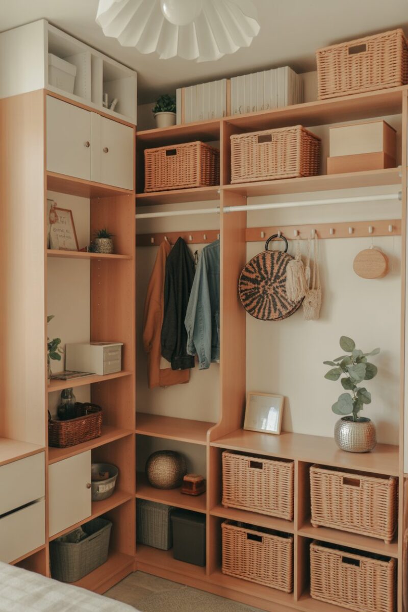 A well-organized room with shelves and hooks for storage.