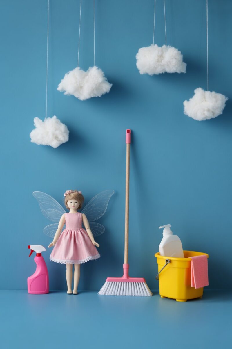 A whimsical cleaning setup with a fairy doll and cleaning tools against a blue wall with cloud decorations.