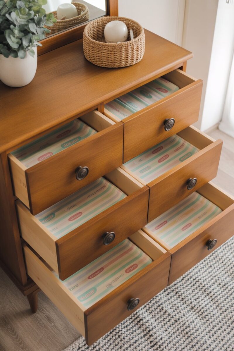 A wooden dresser with open drawers lined with colorful scented drawer liners.