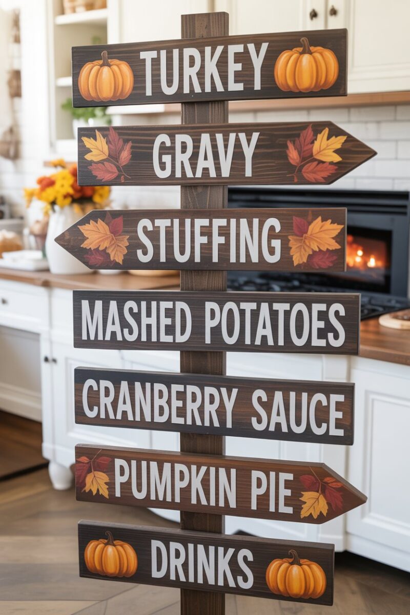 Wooden directional signs for Thanksgiving food stations