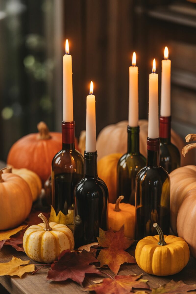 Wine bottles with candles surrounded by pumpkins and autumn leaves on a table.