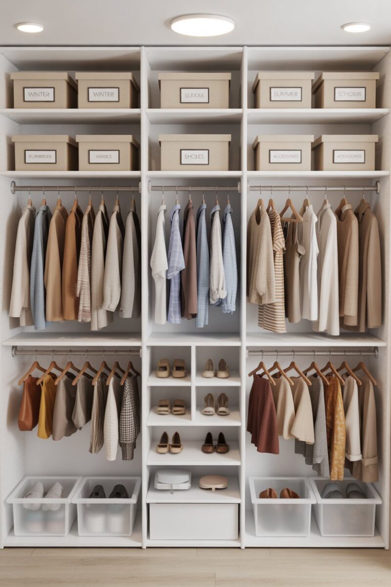 Organized closet with seasonal clothing storage and labeled bins.