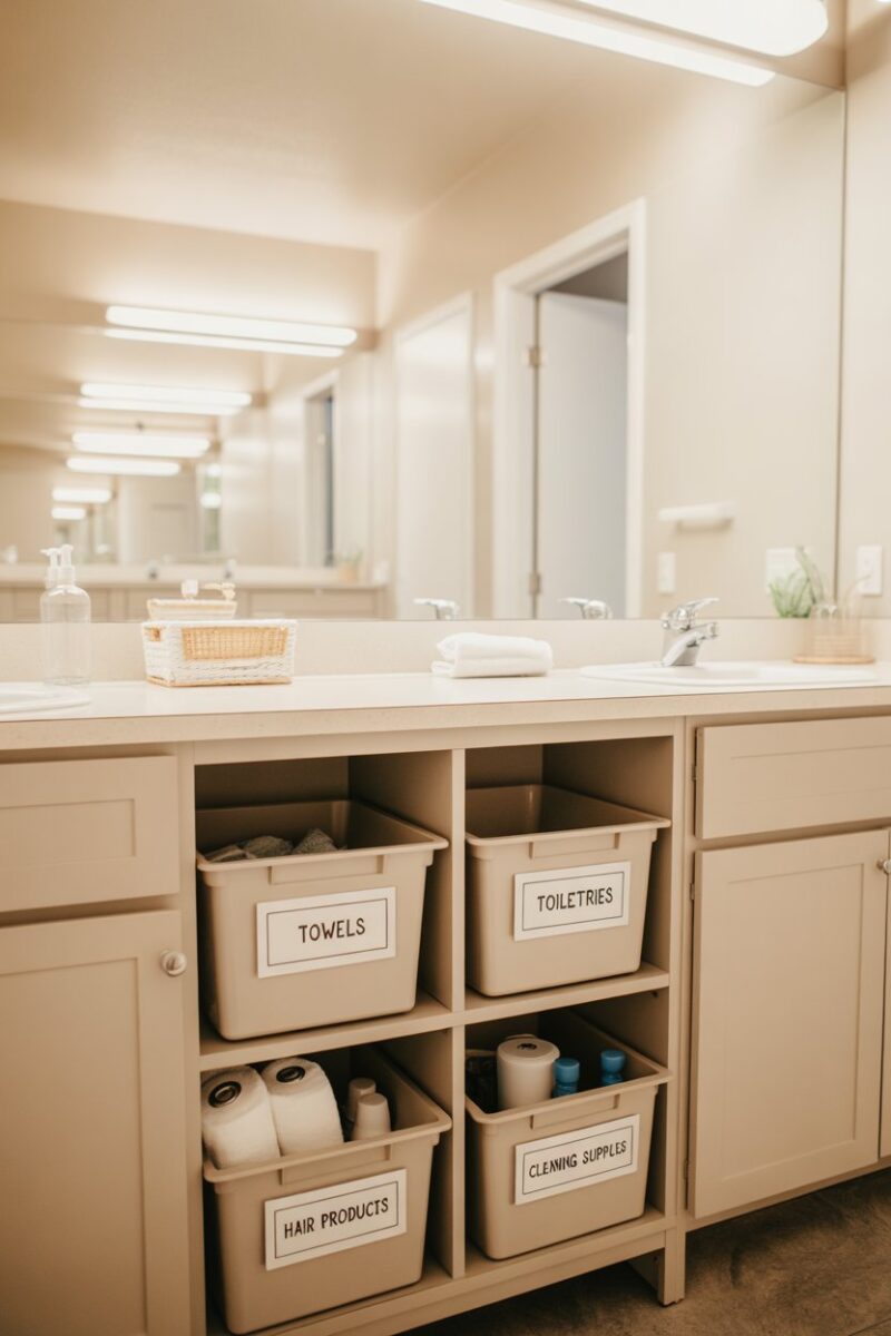 Organized shared bathroom with labeled storage bins and clean surfaces.