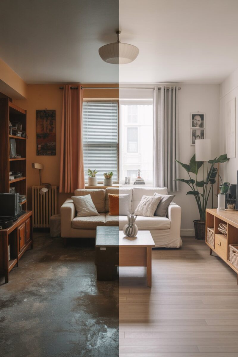 Before and after images of a cleaned room showing significant transformation.