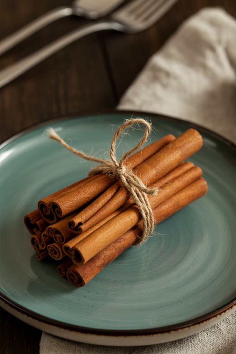 Cinnamon stick bundles tied with twine on a dinner plate