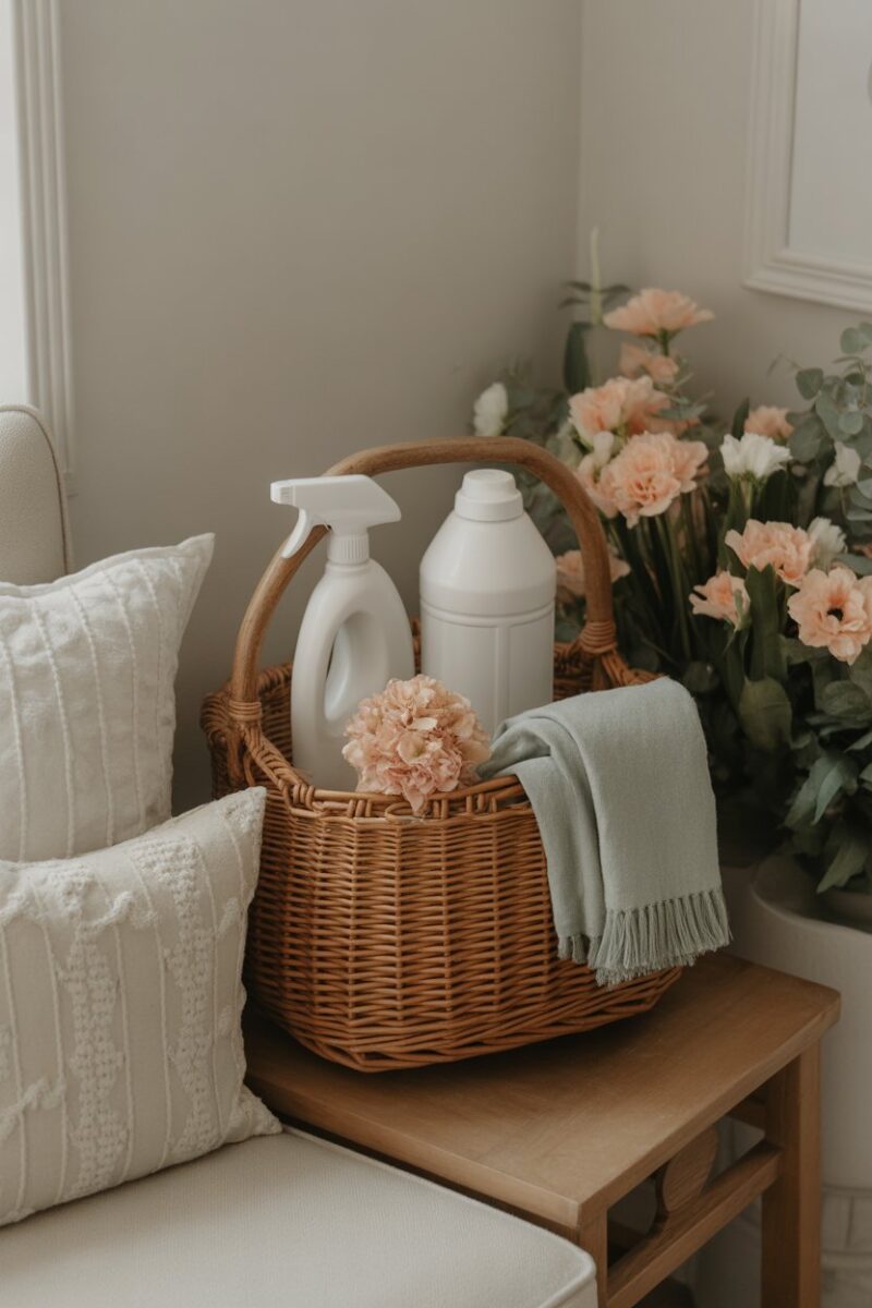 Cleaning supplies and flowers arranged in a cozy setting.