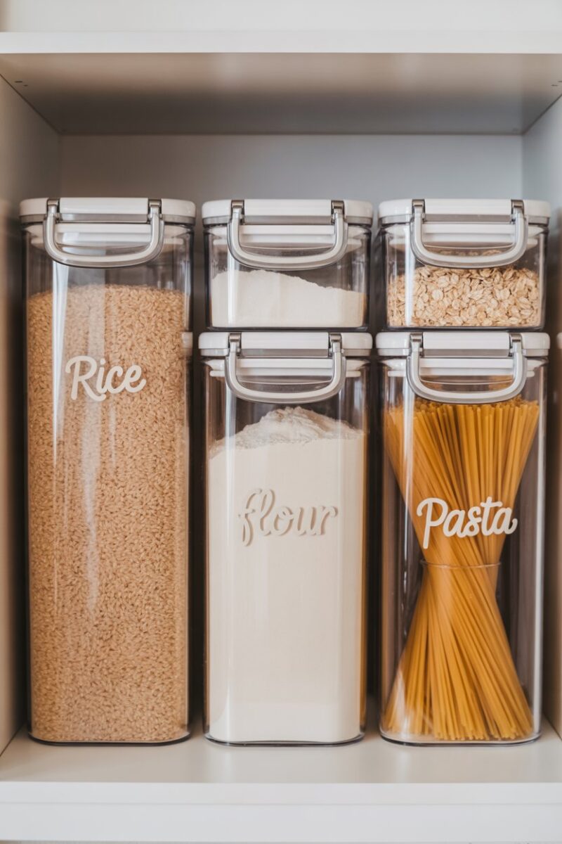 Clear storage containers filled with rice, flour, pasta, and other pantry items, neatly organized on a shelf.