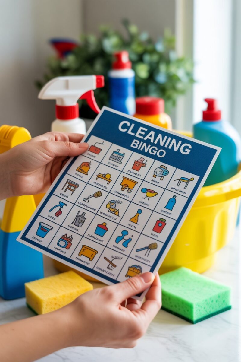 A person holding a bingo card with cleaning tasks, surrounded by cleaning supplies.