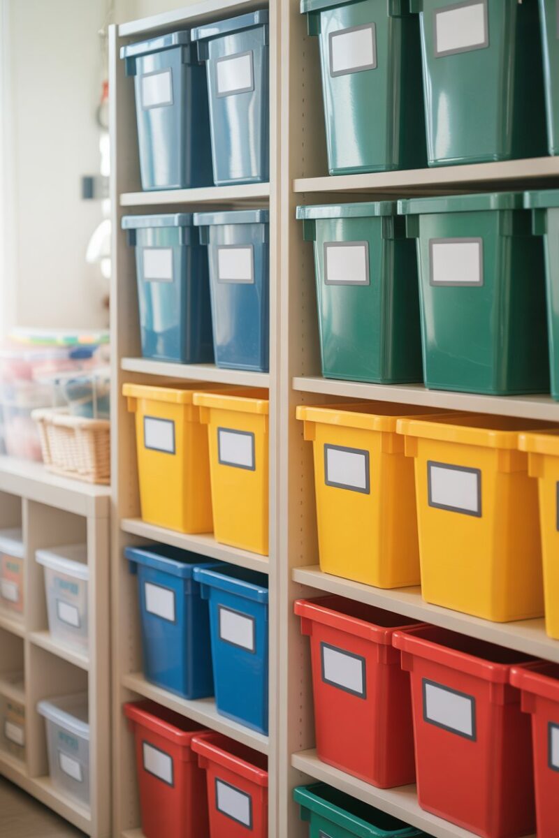 Color-coded storage bins in a room