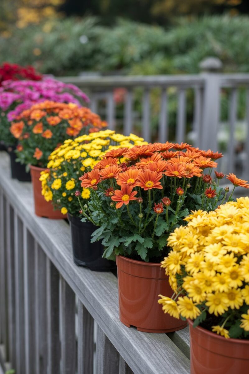 Colorful autumn flower pots with orange, yellow, and red mums on a wooden railing.