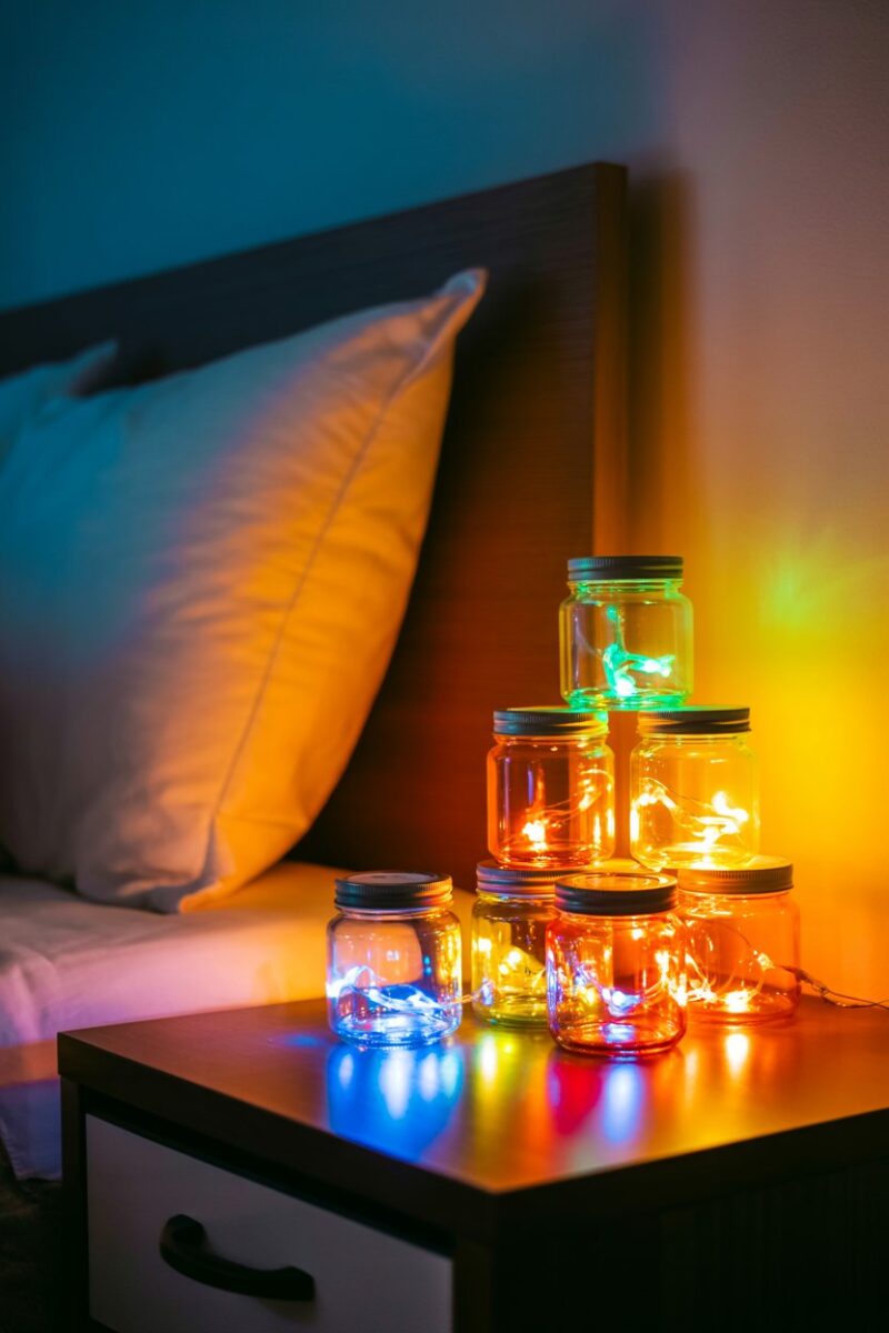 Colorful Christmas light jars glowing on a bedside table.