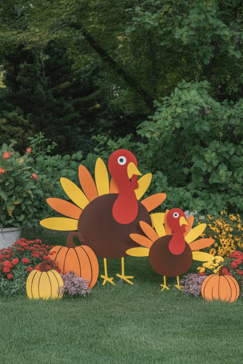 Colorful Thanksgiving yard art featuring metal turkeys and pumpkins surrounded by flowers.
