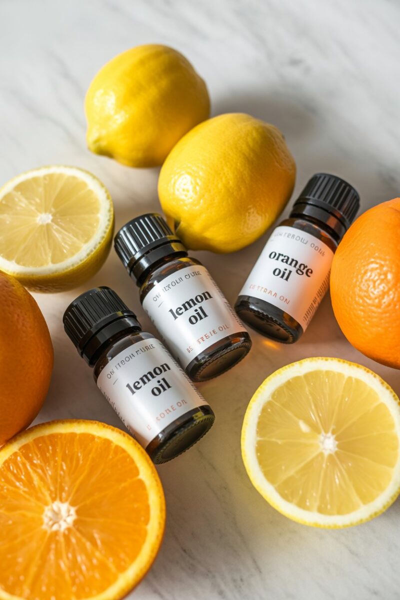 Bottles of citrus essential oils surrounded by fresh lemons and oranges.